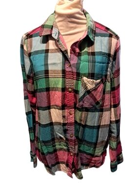American Eagle Outfitters Multicolor Plaid Button-Down Shirt - Pink Green Blue